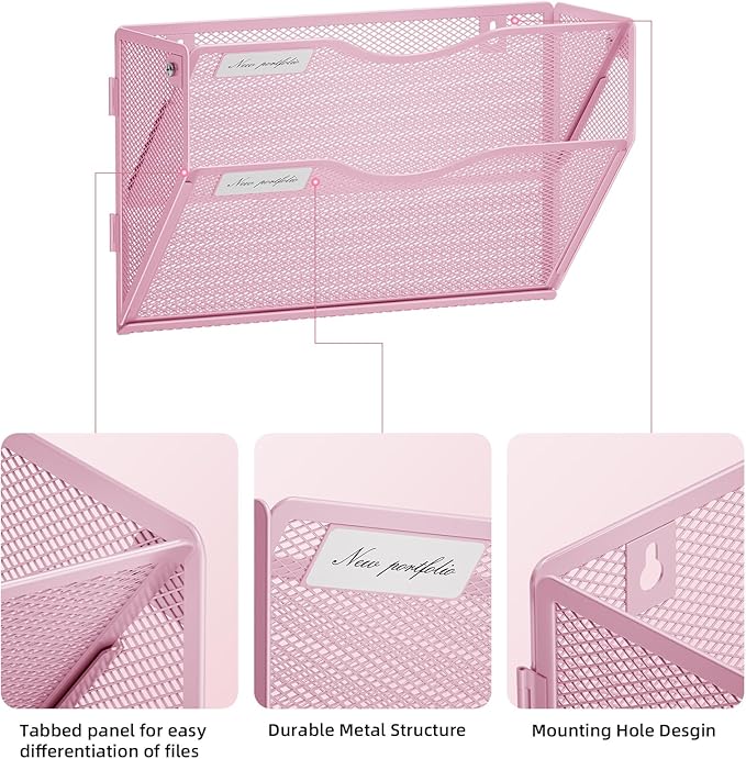 Marbrasse Wall File Holder 2-Tier Hanging Wall File Organizer, Mesh Mail Holder for Papers, Wall Mount File Clipboard & Magazine Organizer Great for Office Home (Pink)