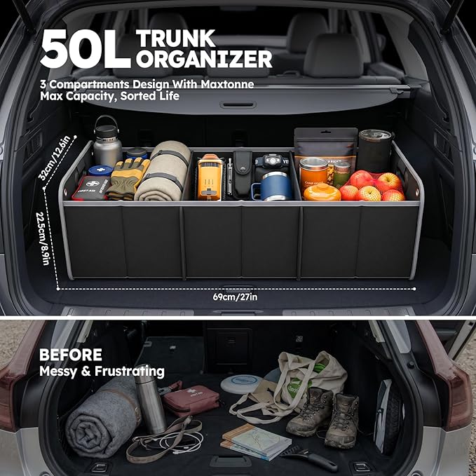 50L Car Trunk Organizer, Heavy-Duty 600D Oxford Collapsible Storage Box with 3-Compartments & Securing Straps, Foldable Organizer for SUV/Sedan/Truck, Car Accessories Storage