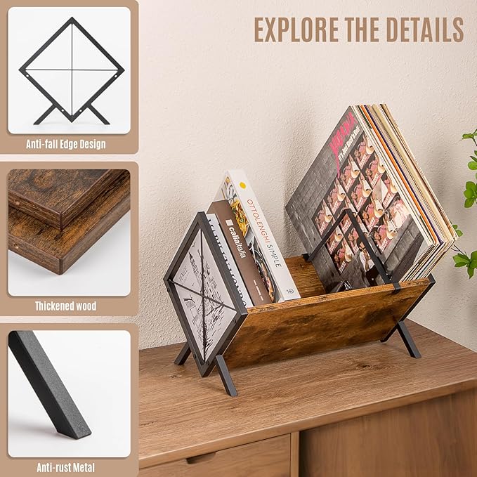 PUERSI Vinyl Record Storage Rack, 80 LP Record Storage Holder, 1 Tier Vinyl Display Shelf with Adjustable Divider, Organizer for Albums, Magazine, Book, Files - Brown