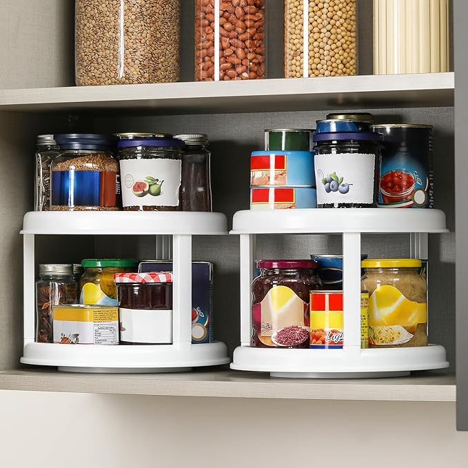 2 Tier 10" Turntable Lazy Susan Spice Organizer - Rotating Seasoning Rack for Pantry Cabinet Kitchen Countertop, Table Top Organizing - Multiuse Two Tier Rotating Organization Rack Spinner