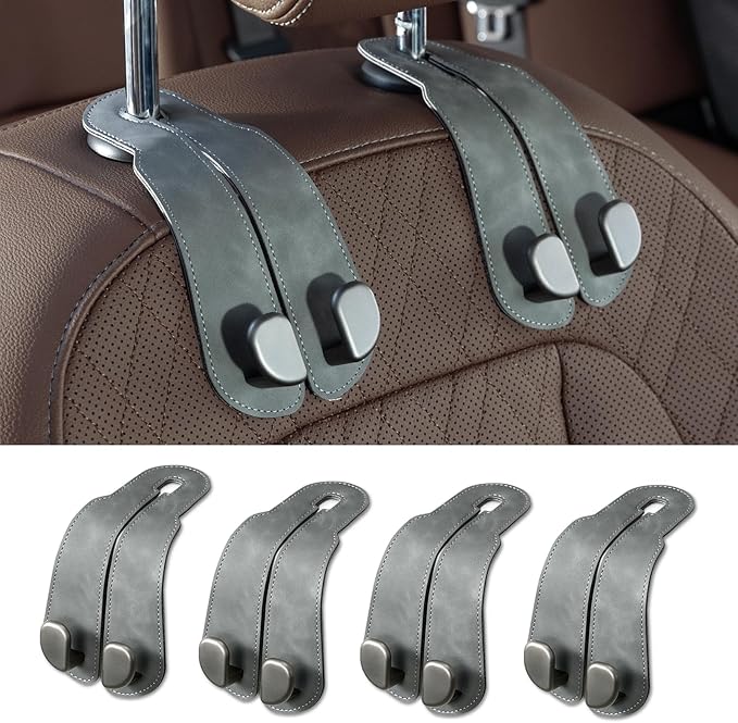 CoBak Purse Hook for Car - Universal Premium Stitched Leather and Aluminum-Magnesium Alloy Double Car Seat Back Storage Hook for Purses, Handbags, Bags (4 Pack),Gray