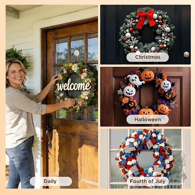 OUTXE Adhesive Wreath Hanger, Heavy Duty Reef Hook | for Front Door Glass Window | for Christmas/Thanksgiving/Halloween/July 4th/Easter/Valentine/Fall/Summer/Spring (Silver, 2 Pack)