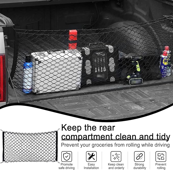 Amiss Truck Bed Cargo Net Stretchable, Adjustable Trunk Storage Net with Hook, Accessories for Pickup Bed Divider Organizer and Storage, Compatible with Chevy Silverado Ford F150 GMC (50"x 18")