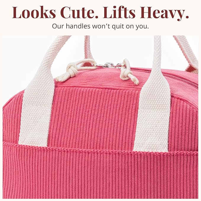LOVELYWIND Insulated Lunch Bag for Women Men, Stylish Corduroy Tote Bag with Aluminum Lining, Large Capacity Reusable Cooler for Work, Travel, or Beach, Raspberry Pink Lunch Box