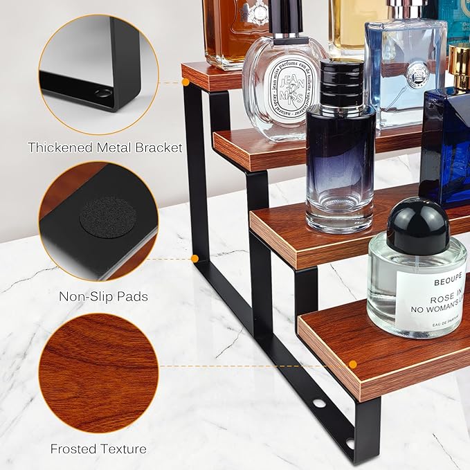 Wood Cologne Organizer for Men (Walnut Color),4 Tier Perfume Stand for Dresser Waterproof Cologne Stand with Anti-Slip pads for Party,Makeup,Figures,Cupcake,Perfume,Display Risers Stand Organizer