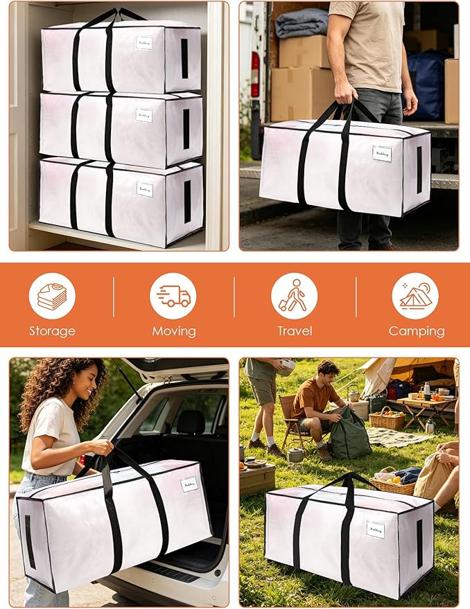 SWEET DOLPHIN 12 Pack 200LB Heavy-Duty Moving Bags with Wrap-Around Handles, Extra Large Storage Totes for Space Saving, Clothes Storage Bags, College Dorm Essentials, Semi-Transparent, 24 Gal