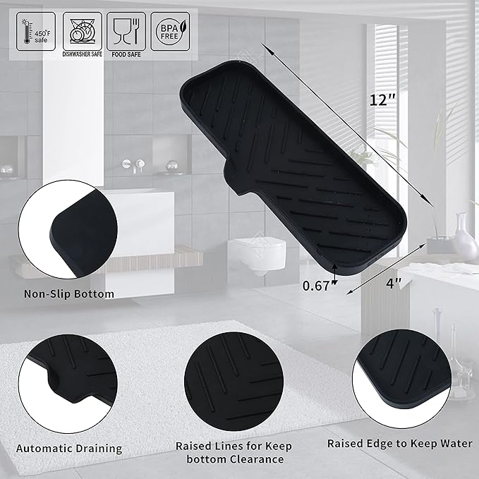 MicoYang Silicone Soap Dish with Drain Spout — Self-Draining Double Sink Organizer Tray for Kitchen & Bathroom, Dispensers, Sponges & Soap Holder, Non-Slip & Dishwasher Safe, Black (Large, 12"×4")
