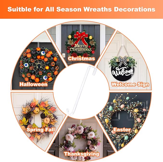 15'' Wreath Hangers for Front Door,Clear Wreath Door Hanger Hook Non Scratch Wreath Hanger,1 Pack Sturdy Over The Door Hooks for Hanging Large Christmas Easter Wreath Welcome Sign for Front Door