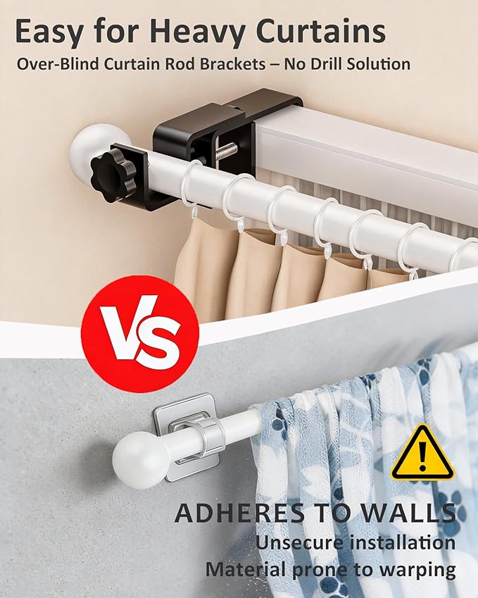Mimiio No Drill Curtain Rod Brackets for Outside-Mount Blinds, Tool-Free Over-Blind Curtain Rod Holders, Fits 1-2" Rectangular Headrails, No Wall Damage, Renter Friendly Window Hardware, 3 Pack, Black