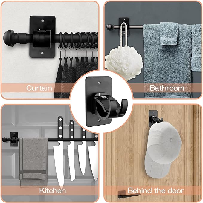 CIEMGNZOC 6-Pack Curtain Bracket Holders, Universal Self-Adhesive Wall Mounts, Fits 0.6'' to 1.5'' Rods, Black