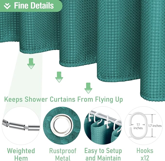 Dynamene Long Fabric Shower Curtain - 78 inch Long Waffle Weave Weighted Cloth Shower Curtains for Bathroom, Heavy Duty Hotel Spa Luxury Bath Curtain Set with 12 Plastic Hooks,72x78, Seaweed Green