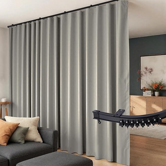Room Divider Curtains Flexible Ceiling Tracks set Curtain track Ceiling Mount Blackout Curtain for Living Room Bedroom Ceiling Curtain Rod Privacy Dividers Panel W150xH96 Light Grey Drape&Black rail