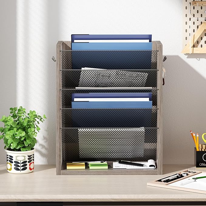 Creso hom Mail Organizer Wall Mounted, 6-Tier Wall File Organizer with 2 Hooks, Wooden Desk Organizer Magazine Holder with Bottom Flat Tray, for Office Home, Greige