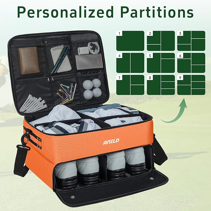 ANILD Golf Trunk Organizer, 2 Layer Golf Storage Case with Separate Ventilated Compartment for 2 Pair Shoes, for Balls, Tees, Clothes, Gloves, Accessories, Golfer Gifts