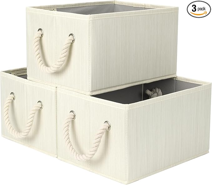 StorageWorks Fabric Storage Bins for Shelves, Storage Baskets for Closet Organization, Organizer Bins for Clothes Storage, Beige, White & Ivory, 3-Pack, Small