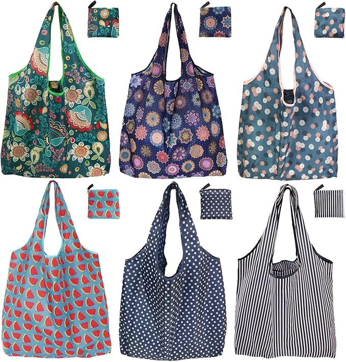 Reusable Grocery Bags, 6 Pack 50Lbs Foldable Fashion Washable Shopping Bags, Large Boho Tote Bags For Groceries, Bulk Market Cloth Storage Bags, Utility Aesthetic Personalized Gifts For Women