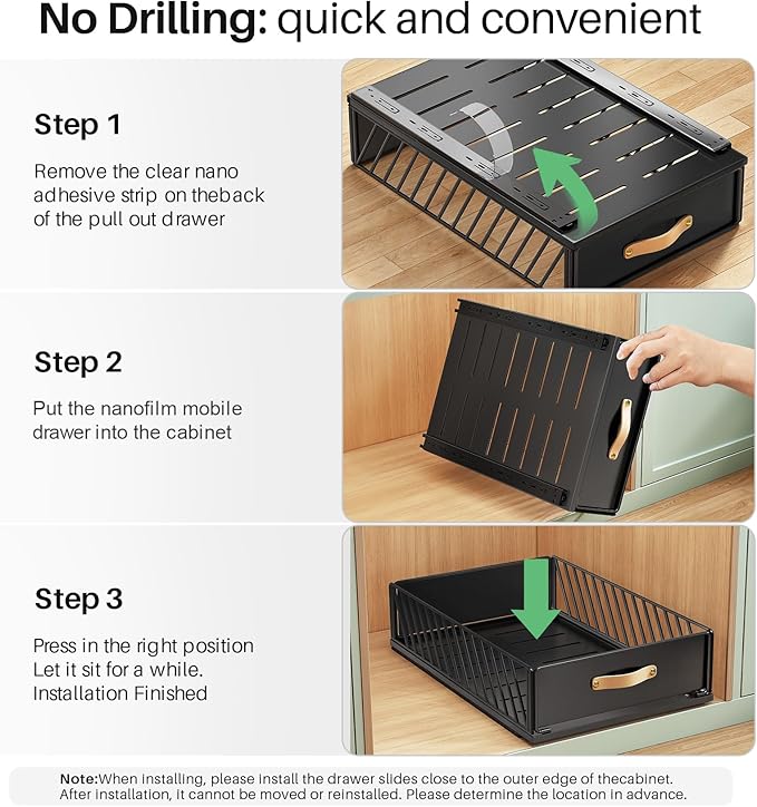 Pull out Cabinet Organizer Fixed with Adhesive Nano Film,Heavy Duty Slide out Pantry Shelves Drawer Storage,Sliding Mesh Cabinet Basket with Handle for Kitchen, Bathroom,Home, 15.8"W X 21"D X6.2"H