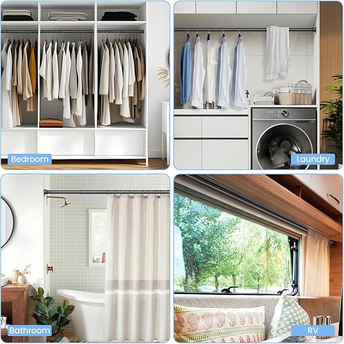 Closet Rods for Hanging Clothes, 17 to 69 Inch Stepless Adjustable Closet Rod, 1.3 Inch Diameter Metal Heavy Duty Closet Hanging Rod for Closet Wardrobes Laundry RV, Black