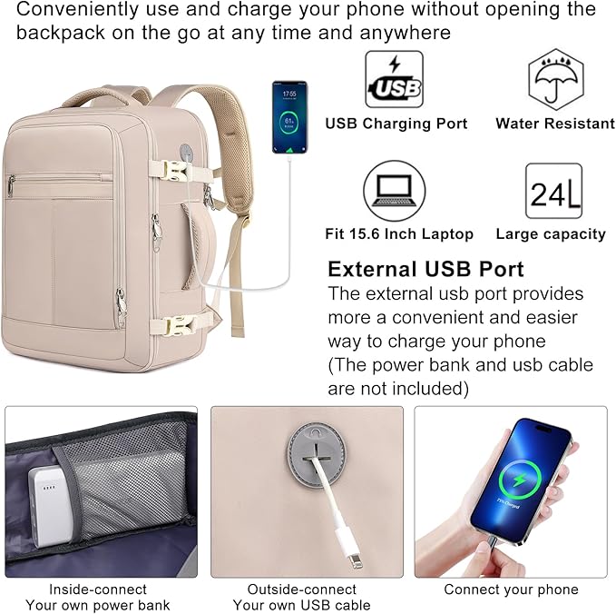 EZUOLA Carry On Backpack, Travel Backpack for Men Women Airline Approved, Underseat Personal Item Travel Bag With Shoe Compartment,Laptop Mochila 15.6inch Casual Daypack for Weekender College,Beige