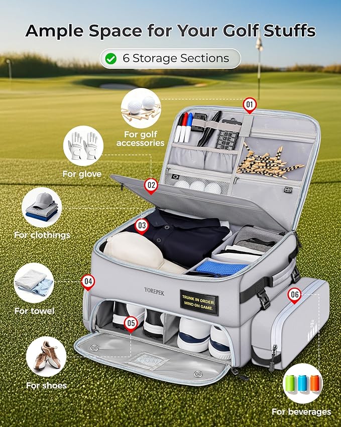 YOREPEK Upgraded Golf Trunk Organizer, Golf Gifts for Men, with Removable Insulated Pouch&Dust-Proof Protective Layer, Multi-Compartment fits 2 Pairs of Shoes, Golf Accessories