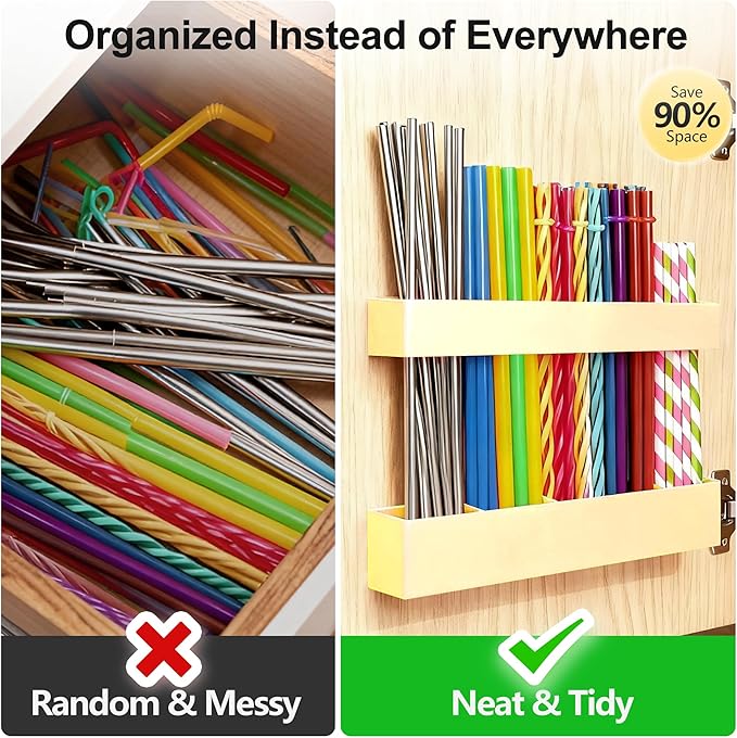9.5” Large Acrylic Straw Holder for Cabinet Door, Reusable Adjustable Two-Part Straws Organizer with Ultra Sticky Adhesive Strips, 2026 Straw Storage for Kitchen Cupboard