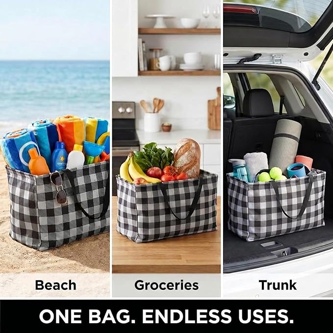 Household Essentials Black and White Plaid Krush Container All-Purpose Utility Tote