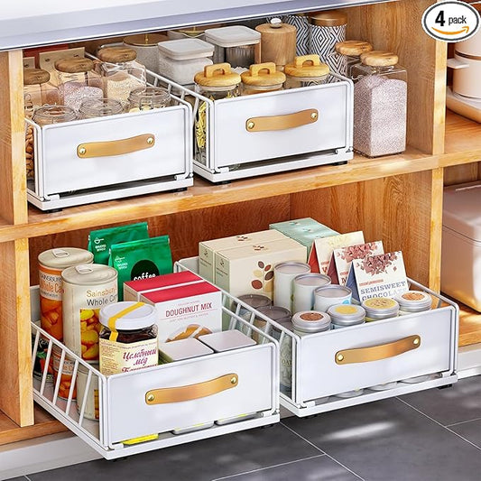 Pull out Cabinet Organizer Fixed with Adhesive Nano Film,Heavy Duty Slide out Pantry Shelves Drawer Storage,Sliding Mesh Basket with Handle for Kitchen, Bathroom,Home, 11.8W"X 15.7D"X6.2"H(4PCS)