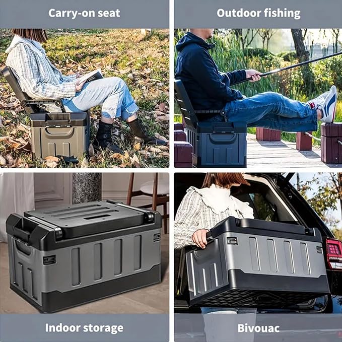 Versatile Foldable Seatable Car Organizer Box 60L Heavy Duty Storage Bins With Lids Trunk,Durable Plastic, Folding Camping Chairs (blue)