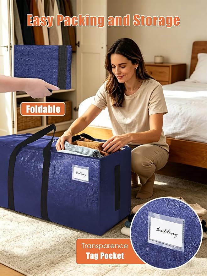 SWEET DOLPHIN 12 Pack 200LB Heavy-Duty Moving Bags with Wrap-Around Handles, Extra Large Storage Totes for Space Saving, Clothes Storage Bags, College Dorm Essentials, Blue, 24 Gal