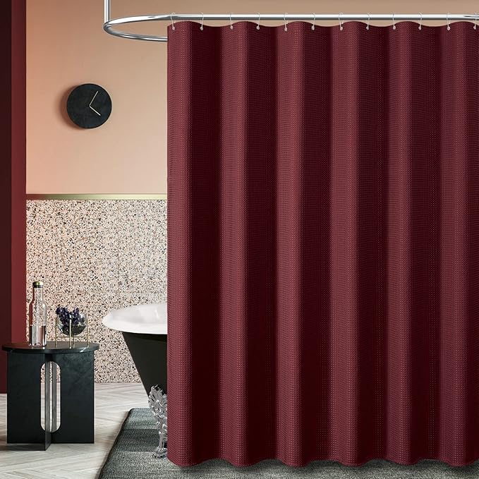 Dynamene Stall Fabric Shower Curtain - 36x72 Waffle Weave Weighted Cloth Shower Curtains for Bathroom, Neutral Heavy Duty Hotel Spa Luxury Bath Curtain Set with 6 Plastic Hooks, Burgundy