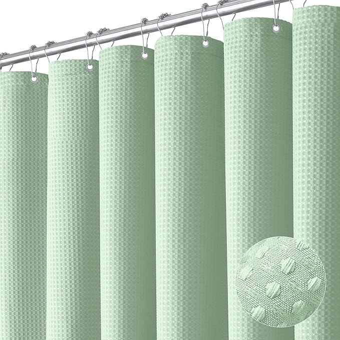 Dynamene Extra Long Shower Curtain - 96 Inch Long Waffle Weave Weighted Thick Cloth Bathroom Shower Curtain, Neutral Heavy Duty Hotel Bath Curtain Set with 12 Plastic Hooks,72x96, Mint Green