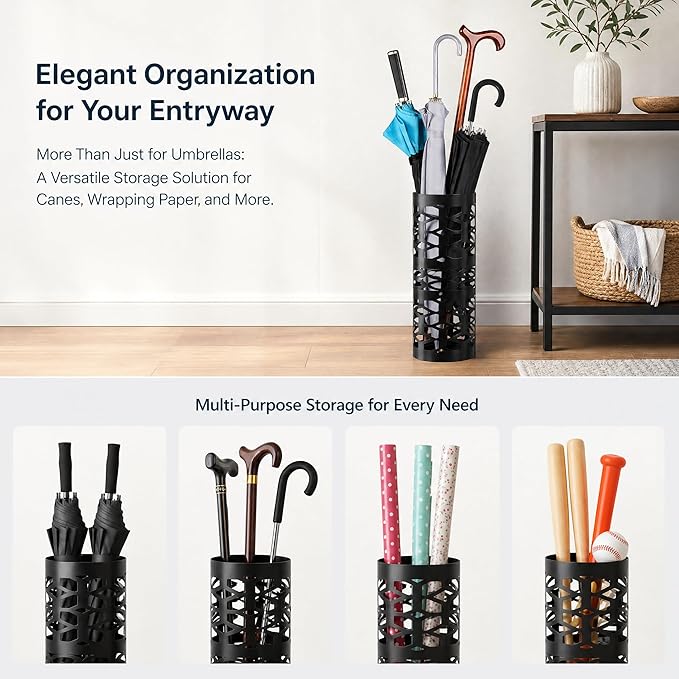 ZENFUN Umbrella Stand, Black Metal Umbrella Holder Freestanding, Cane Walk Stick Holder, Round Umbrella Rack for Entryway, Home, Office, 5.9 x 5.9 x 15.7 Inches
