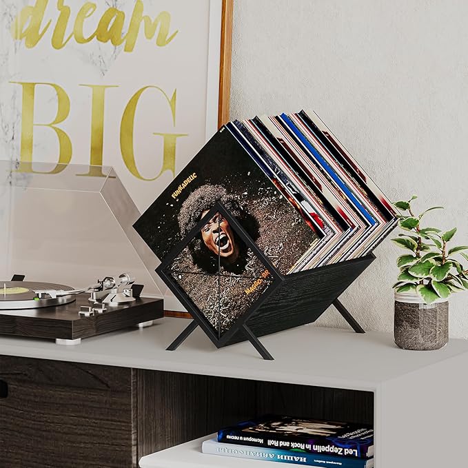 YINMIT Vinyl Record Holder - 80-100 LP Vinyl Record Storage Rack, Quick Assembly Display, Retro Style Organizer for Magazine, Book, Files, Albums (Black, 1 Tier)