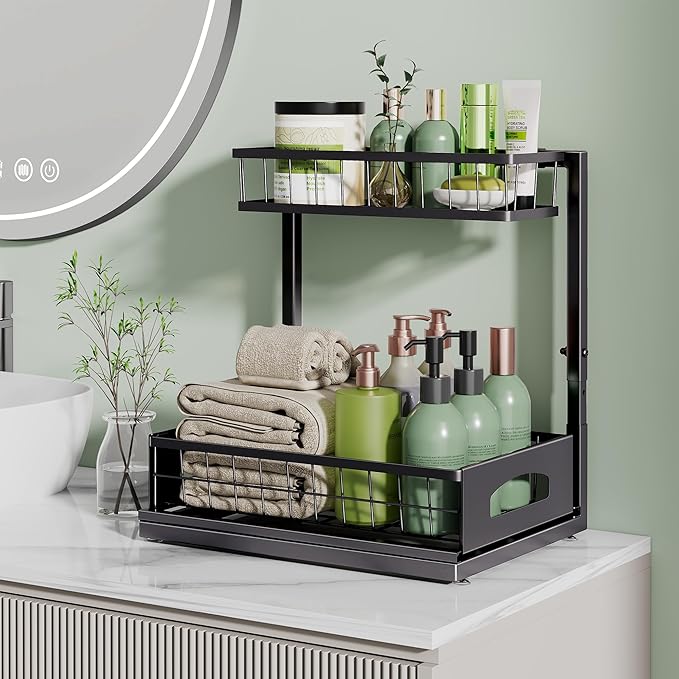 Under Sink Organizer and Storage, Height Adjustable Cabinet Organizer with Slide Out Drawer, Pull Out Under Sink Storage, Multi-Purpose 2 Tier Sink Shelves for Kitchen Bathroom Pantry (Black, 1 Pack)