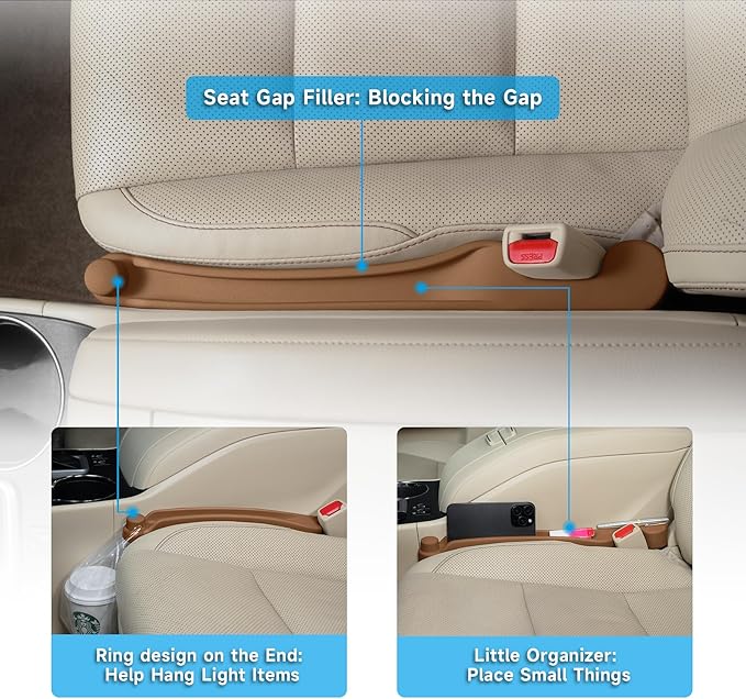 Car Seat Gap Filler Set of 2, 3IN1 Seat Side Gap Filler Plug with Storage Slot & Hook Function, Soft Foam Universal Fit Car SUV Truck Fill Gap Between Seats Console Organizer（Narrow Mocha Brown ）