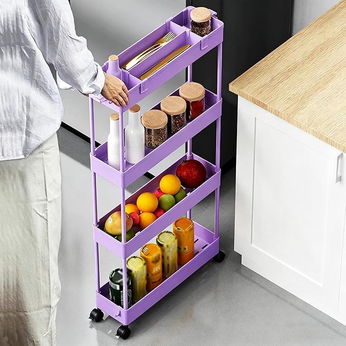 SPACELEAD Slim Storage Cart 3 Tier,Bathroom Organizer Rolling Utility,Mobile Shelving Unit Slide Out for Office, Kitchen, Laundry Room & Narrow Places,Purple