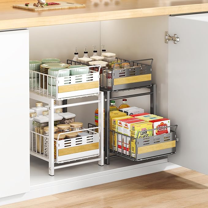 Under Sink Organizer, 2-Tier Pull Out Cabinet Organizer with Heavy-Duty Carbon Steel Sliding Shelves, Stackable Multi-Purpose Storage Rack for Kitchen Pantry Bathroom with Movable Dividers, White