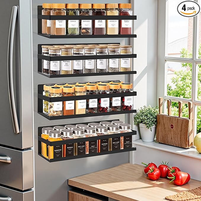 SMRCAD Magnetic Spice Rack for Refrigerator, 4pack Magnetic Shelf for Fridge Space Saving Seasoning Organizer for Any Metal Surface No Drilling Needed (4pack-Black)