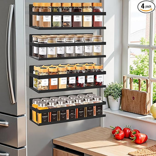 SMRCAD Magnetic Spice Rack for Refrigerator, 4pack Magnetic Shelf for Fridge Space Saving Seasoning Organizer for Any Metal Surface No Drilling Needed (4pack-Black)