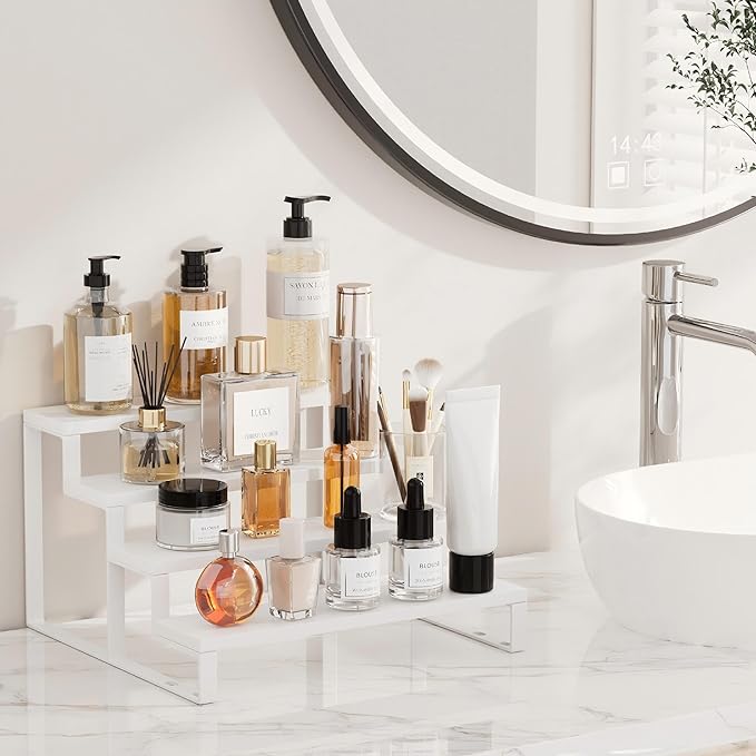 White Wood Cologne Organizer for Men Women,4 Tier Perfume Stand for Dresser Waterproof Cologne Stand with Anti-Slip pads for Party,Makeup,Figures,Cupcake,Perfume,Display Risers Stand Organizer