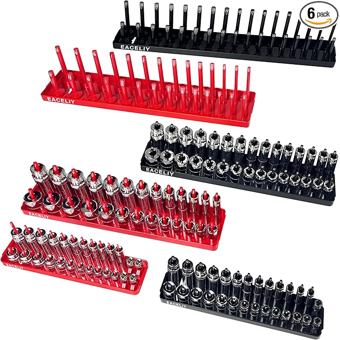 EACELIY 6PCS Socket Organizer Tray Set,1/2", 1/4" and 3/8" SAE & Metric Deep & Shallow Socket Holder Kit, Deep and Shallow Socket Holders for Toolboxes(sockets not included)