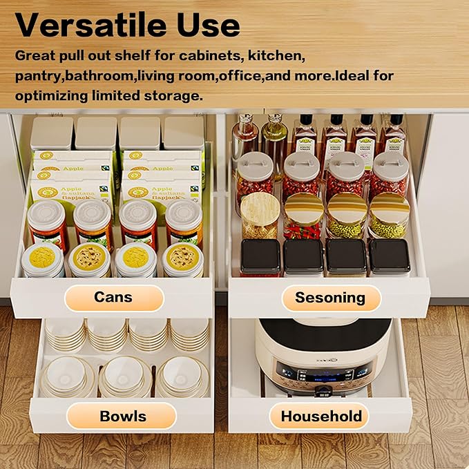 1 Pack Pull Out Cabinet Organizer Adhesive, 12'' W x 16.9"D x 3.1'' H Heavy Duty Carbon Slide Out Pantry Shelves, Sliding Drawer Pull Out Pantry Shelves for Kitchen, Living Room, Home