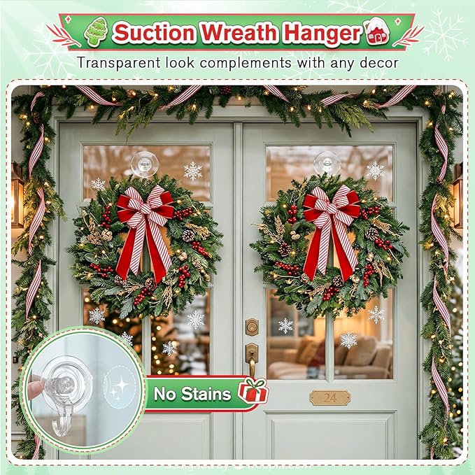 VIS'V Wreath Hanger, Large Suction Cup Wreath Hooks, Heavy Duty, 22 LB Capacity, Removable and Reusable, Clear, 4 Pcs