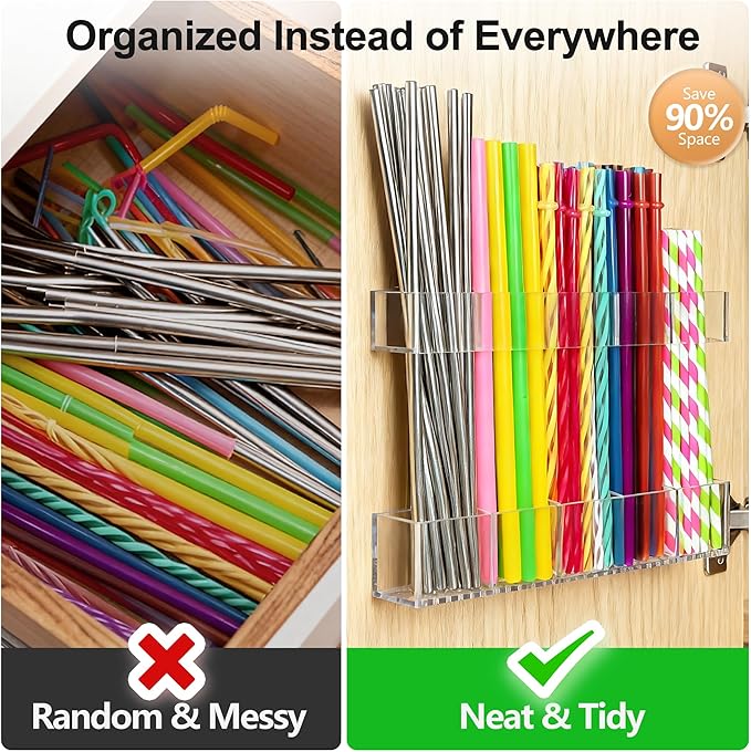 9.5” Large Acrylic Straw Holder for Cabinet Door, Reusable Adjustable Two-Part Straws Organizer with Ultra Sticky Adhesive Strips, 2026 Straw Storage for Kitchen Cupboard