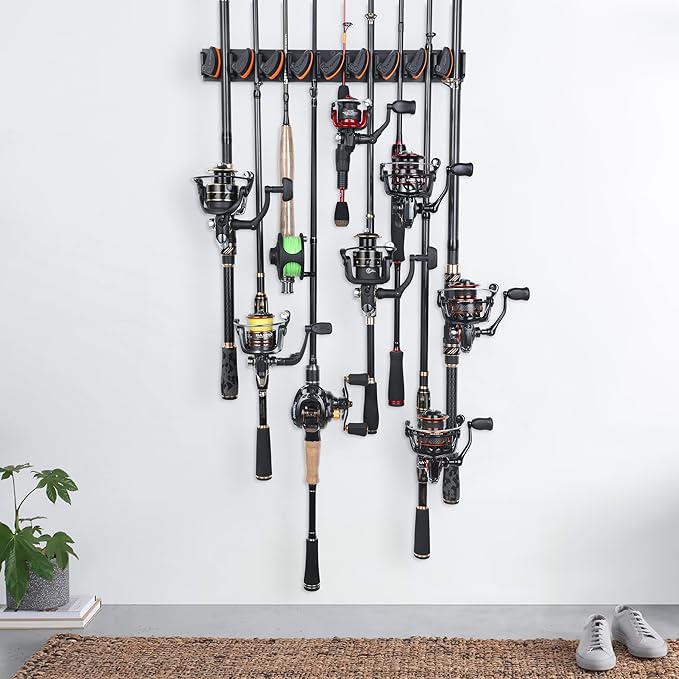 PLUSINNO V9 Vertical Fishing Rod Holders, 2 Packs Wall Mounted Fishing Pole Holders, Fishing Rod Racks Hold Up to 18 Rods or Combos, Fishing Pole Holders for Garage, Fishing Gear and Gifts for Men