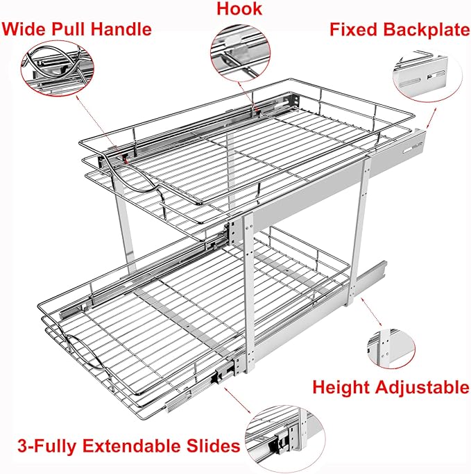 Sikarou Pull Out Cabinet Organizer 17" W x 21" D 2-Tier Individual Slide Out Drawer Pantry Shelf Storage for Kitchen Base Cabinet Organization for Kitchen, Bathroom, Pantry, Chrome