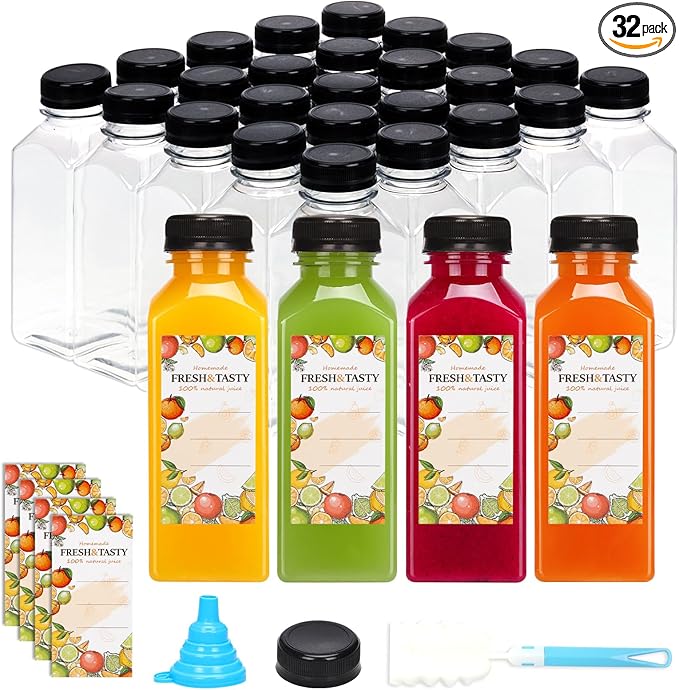 TOMNK 32pcs Juice Bottles, 12oz Reusable Plastic Juice Bottles with Caps and Labels, Funnel, Brush Beverage Containers for Juicing, Smoothies, Tea, Milk