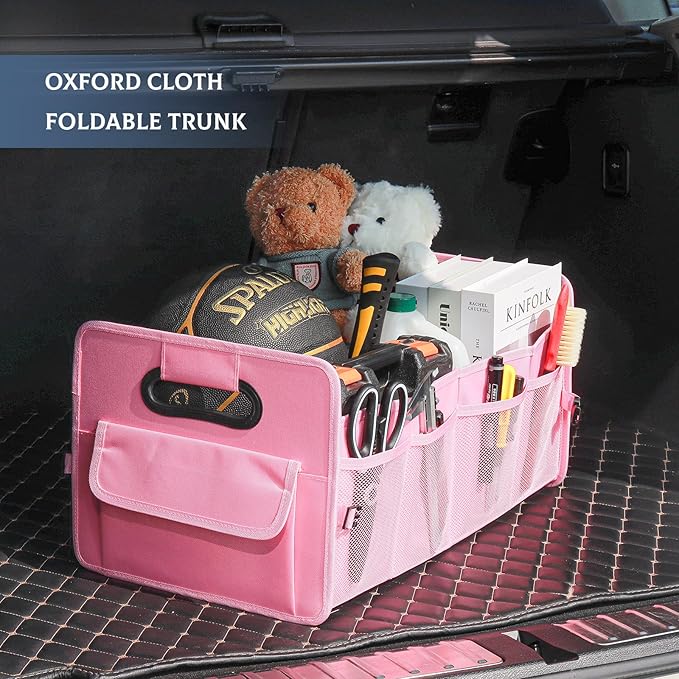 JiatuA Car Trunk Organizer, Car Organizers and Storage Collapsible Multi Compartment Container Box, Adjustable Car Accessories for SUV Sedan Truck, Standard Size, Pink