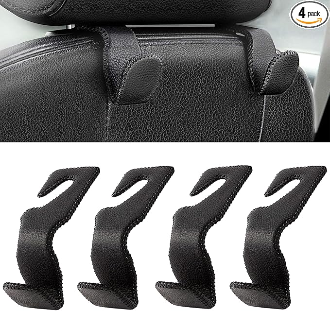 AMVOYOA Headrest Hooks for Car, Back Seat Organizer Black Leather Hanger Holder Hook, for Hanging Purses and Bags and Coats, Pack of 4