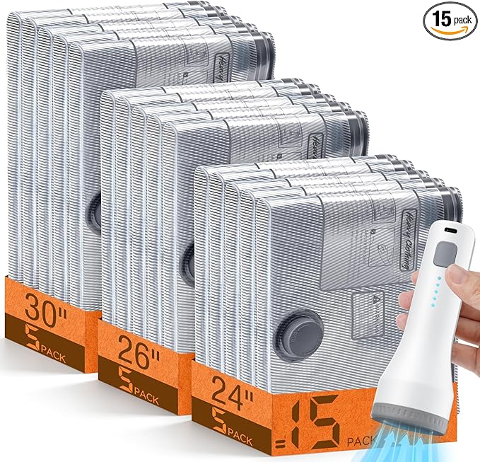 15 Pack Vacuum Storage Bags for Travel with Rechargeable Cordless Pump, Space Saver Bags for Clothes, Compression Packing Bags for Luggage and Suitcase, 15 Combo Size